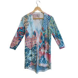 Chico’s Colorful Abstract Tribal Open Cardigan Longline Sz 0 (S 4/6) Boho Artsy